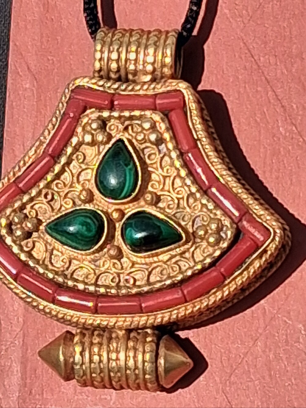 Vintage Handmade Nepalese Tibetan Silver Pendant Malachite & Faux Coral